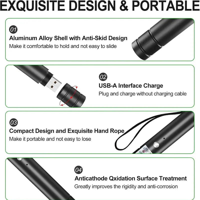 Rechargeable Green Laser Pointer and Line Light Flashlight for Long-Distance Use in Presentations, Entertainment, and Outdoor Activities