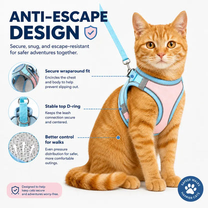 Escape Proof Cat Harness and Leash Set - Adjustable, Soft Mesh Fabric, Lightweight, Sturdy Lock, Stress-Free for Small/Medium Cats