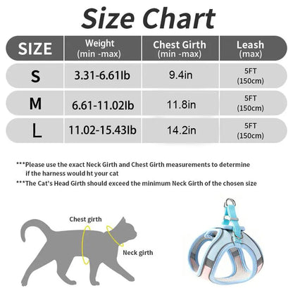 Escape Proof Cat Harness and Leash Set - Adjustable, Soft Mesh Fabric, Lightweight, Sturdy Lock, Stress-Free for Small/Medium Cats